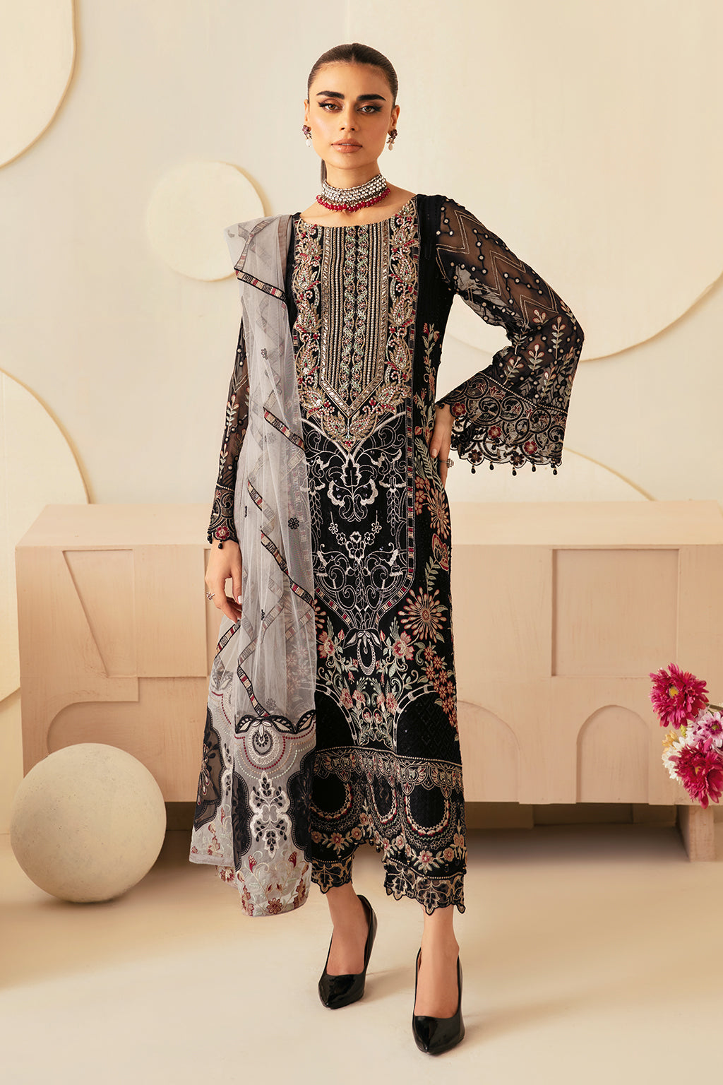 Dastoor P-105. 3 Piece Embroidered Dress